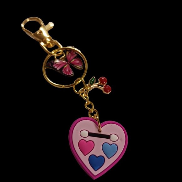 Gold Tone Butterfly and Pink Heart Palette Key Ring Purse Charm - Picture 3 of 3